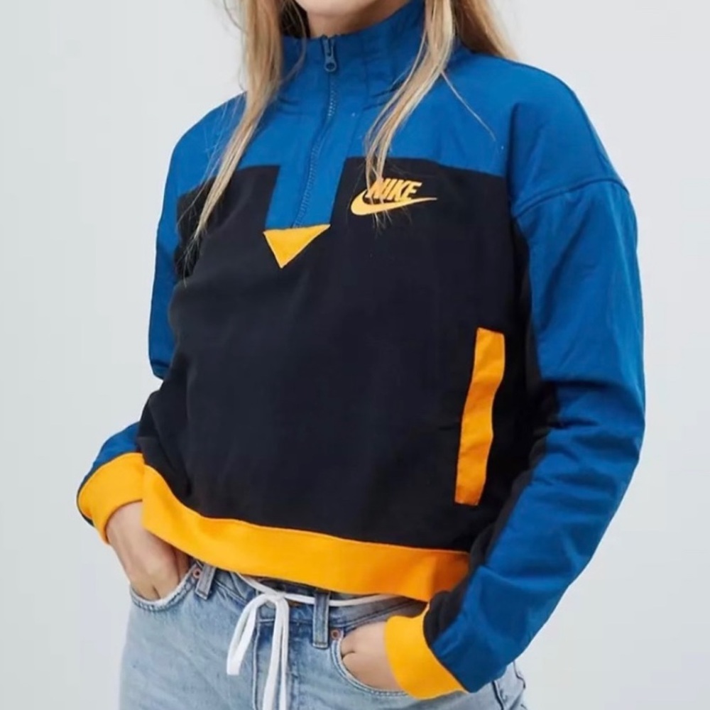 nike quarter-zip cropped fleece. size L. orange blue and black.